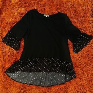 Pleione Nordstrom Rack Top sz Medium Black White Polka Dot Detailing Bell Sleeve